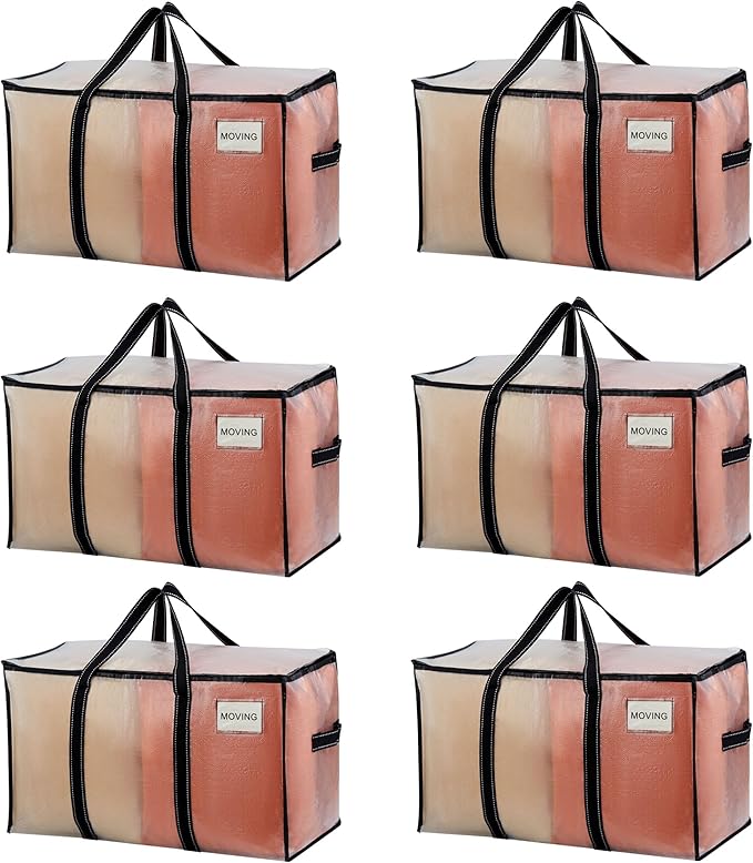 VENO 6 Pack Clear Moving Bags, 90L Extra Large Transparent Storage Totes, Heavy Duty 50lbs Load, Reinforced Handles, Zippers & Tag, See-Through Packing Boxes for Organizing Closet, Bedding, Clothes
