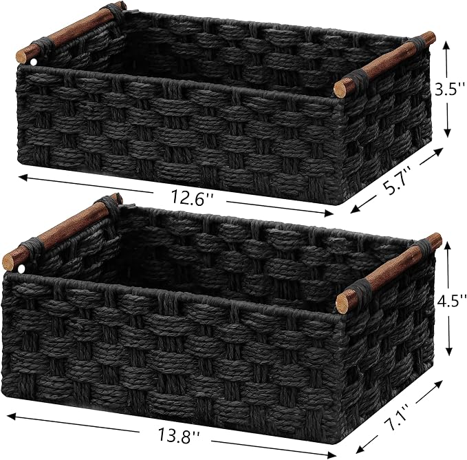 Vagusicc Wicker Storage Basket, Set of 2 Hand-Woven Paper Rope Wicker Basket for Organizing with Handle Decorative Storage Bins for Counter Pantry Shelves Toilet Paper Basket for Toilet Tank Top,Black
