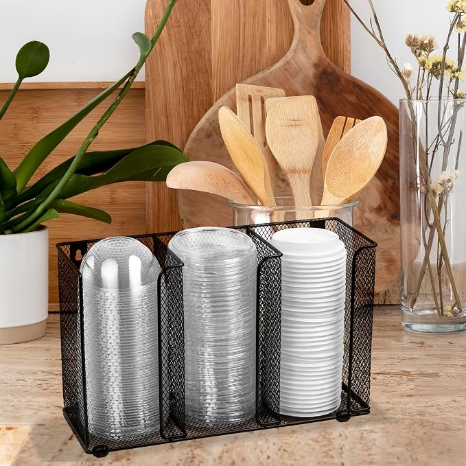 IneVibe 3 Compartment Lid Organizer Holder for Plastic Lids and Cups | Gridded Mesh Metal Rack Stand for Disposable Lids Storage in Kitchen, Cabinet, Drawers - Countertop or Wall Mount