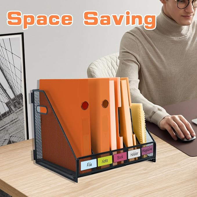 Magazine file holder for desk with 5 Vertical Compartments Folder Storage Binder Organizer for Office Home School Organization, Black