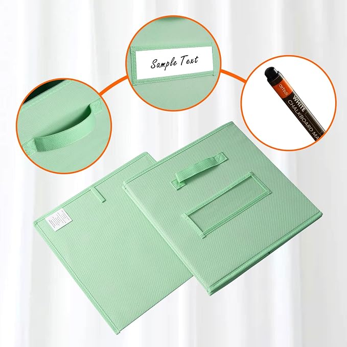 13x13x13 storage cube bins(Set of 8) Fabric storage cubes with 8 Labels Window Cards & a Pen, storage cubes 13x13, Collapsible 13 inch cube storage bins, Cubby Organizer Boxes, Grass Green