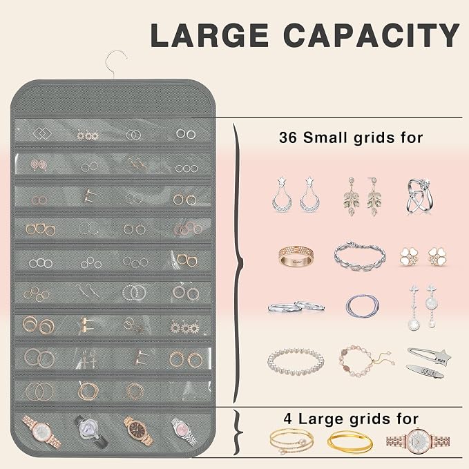 Double-Sided Hanging Jewelry Organizer for Necklaces Earrings, 2-Pack, Grey | Foldable 36 hooks & 40 clear pockets; swivel hook fits walls, doors & rods for earrings, bracelets, rings & small jewelry