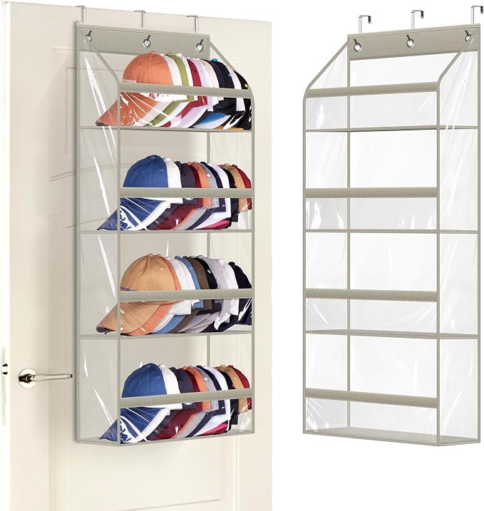 AOODA Clear Over the Door Hat Racks for Baseball Caps, Hold 48 Caps Hat Storage Organizer for Closet Wall, Deep Pockets Hanging Snapback Holder Shelves with 3 Hooks, Grey