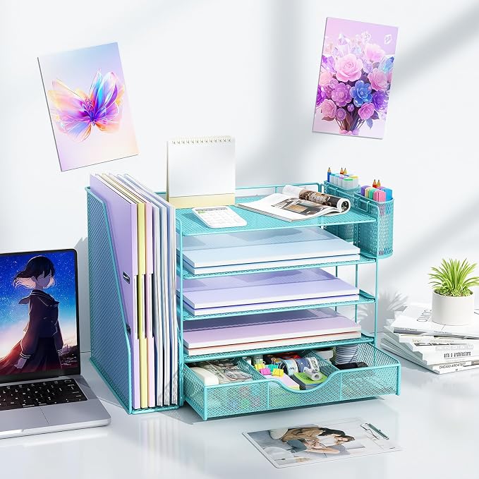 gianotter 5-Tier Desk Organizer with Drawers, File Holders, Letter Trays and Pen Holders - Workspace Accessories for Office Supplies (Blue)