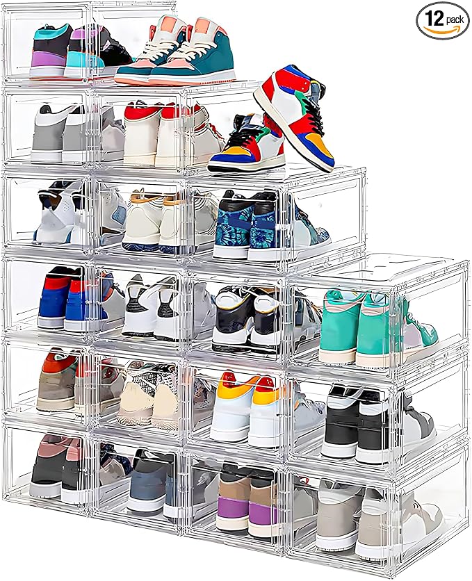 MMBABY 12 Pack Acrylic Clear Shoe Boxes, Ultra Clear Stackable Sneaker Display Cases with Magnetic Door, Professional Grade Shoe Display Case for Sneakers & Boots, Fits Up to US Men's Size 15