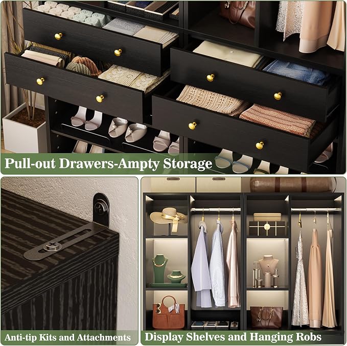 Besiost Closet System, 55.5"/4.6 FT Closet Organizer System with Drawers and Shelves, Walk-in Closets Systems for Small Closets, Free Standing Reach in Closet Tower, Load 1200+LBS, Black 2 Pack