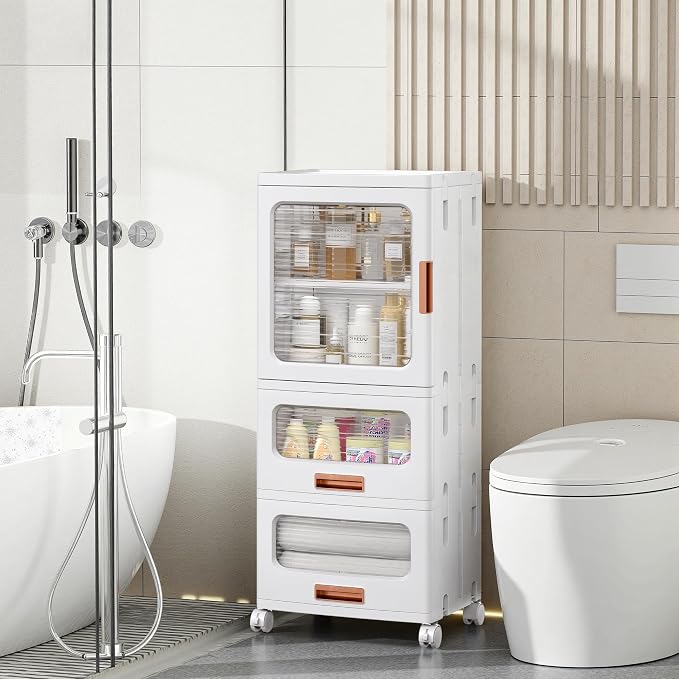 VECELO Narrow Bathroom Storage Cabinet with 2 Drawer, Foldable Storage Organizer with Movable Wheels and Adjustable Shelf for Small Space, Kitchen, Laundry, White