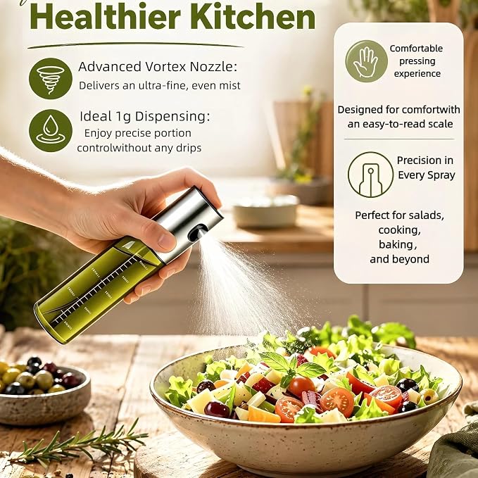 Cooking Oil Spray Bottle, Olive Oil and Avocado Oil Spray Bottle, 100ml Olive Oil Spray Bottle, Kitchen Tools, Air Fryer, Salad, Frying, Grilling (light-blocking glass)-Silver
