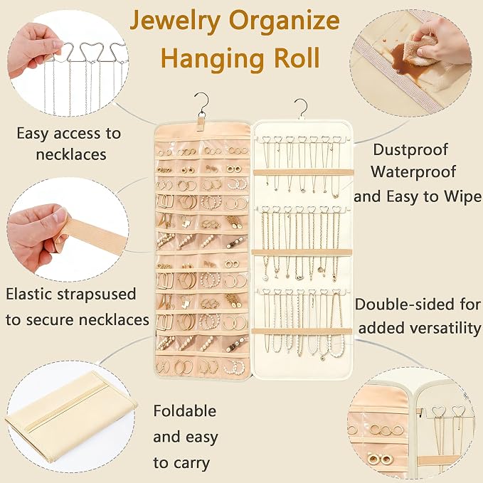 Hanging Jewelry Organizer, Double-Sided Jewelry Organizers and Storage with 48 Pockets and 21 Hooks for Necklaces Earrings Rings, Jewelry Travel Roll Over the Door for Closet Wall (1, White)