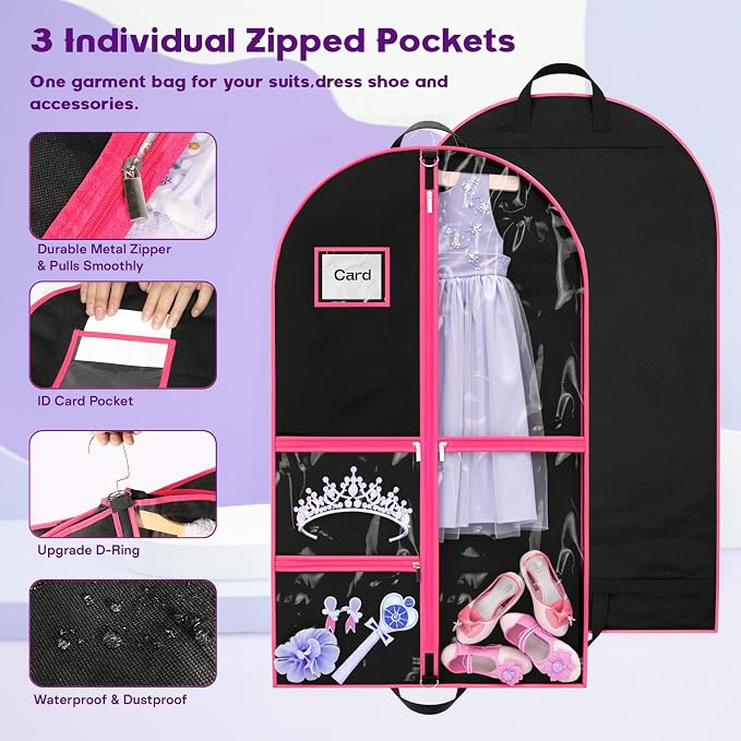 Dance Garment Bags for Dancers, 40" Garment Bags for Hanging Clothes with 3 Clear Zipper Pockets, Cheer Uniform Garment Bag for Suits, Travel & Sports Jersey (Black Pink, 2 Pack (40 inches))