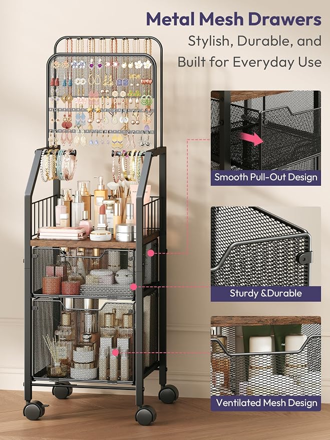 SWTYMIKI Jewelry Organizer with Drawers- Metal Jewelry Holder Stand Large Necklace Holder and Earring Organizer Display, Rolling Jewelry Storage Makeup Organizer for Bedroom Vanity Closet Espresso