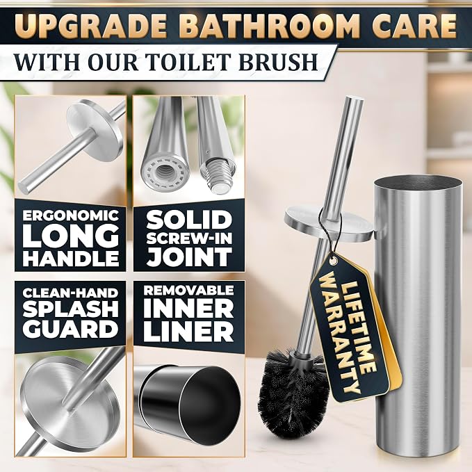 Stainless Steel Toilet Brush and Holder Set, Splash Guard (Silver) | Toilet Bowl Brush and Holder, Removable Inner Bowl, Dense Bristles, Long Handle, Scratch Resistant, for Modern Bathrooms