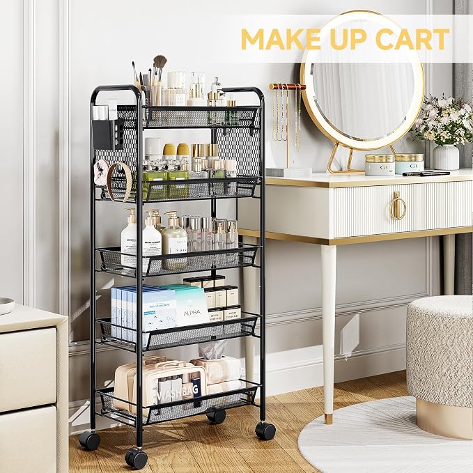 5 Tier Metal Rolling Utility Cart - Heavy Duty Storage Trolley with Pegboard, 4 Hooks & 1 Bin, Mobile Organizer Shelves for Bathroom Kitchen Office Craft Room Laundry, Black
