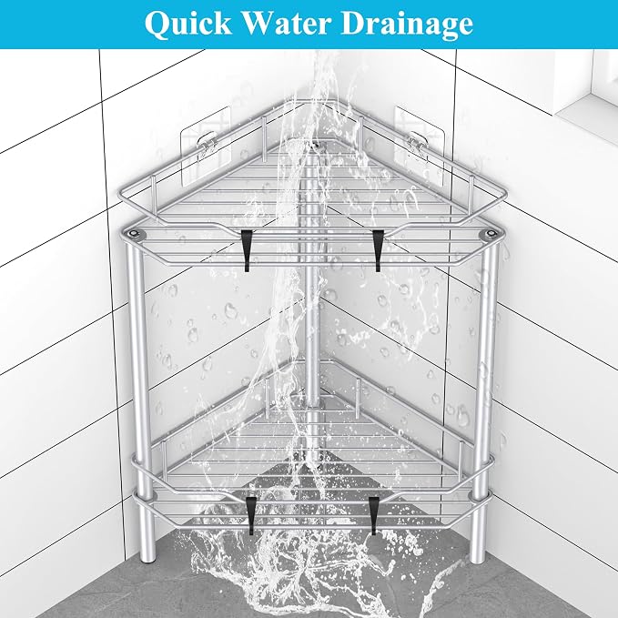 HuggieGems 2 Tier Floor Standing Corner Shower Caddy Organizer Shelf with Hooks, Bathroom Shelves Stand Rack, Silver