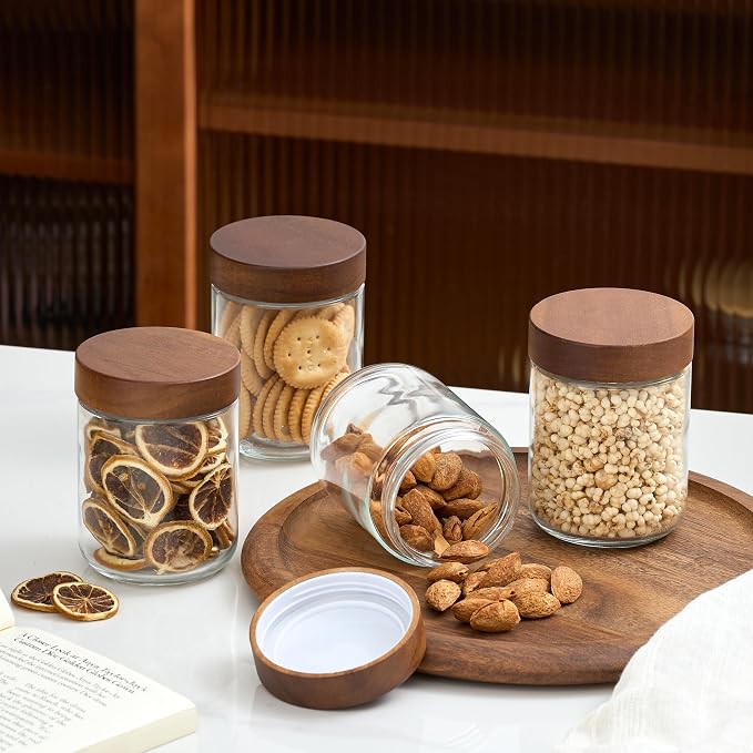Danmu 16 oz Overnight Oats Containers with Lids,Glass Jars with Lids 4 Pack | Wooden Lid,Mason Jars for Overnight Oats,Meal Prep,Yogurt,Leak-proof,Dishwasher Safe(remove lids),Fridge Safe,Portable