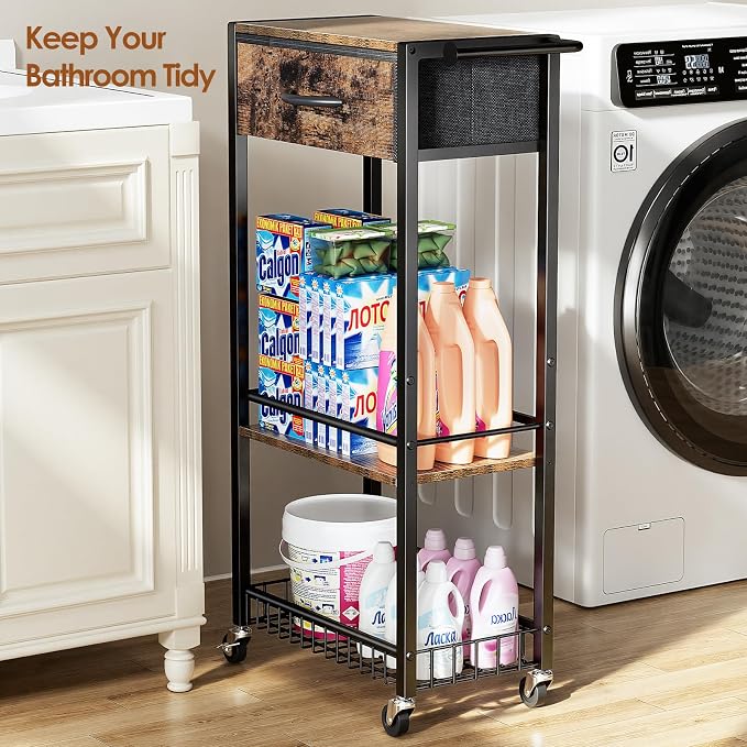 Lewondr Bathroom Organizer and Storage Cart with Drawer, 3-Tier Narrow Rolling Utility Cart with Wood Top and Wheels for Small Spaces, Laundry, Black