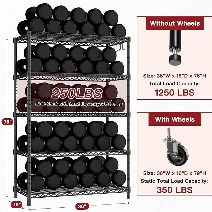 PrimeZone 3 Packs 36" W x 16" D x 79" H Wire Storage Shelves with Wheels, 5 Tier NSF Certified Heavy Duty Adjustable Kitchen Shelving Unit, Pantry Organizer Rack Rolling Metal Shelf for Garage Closet