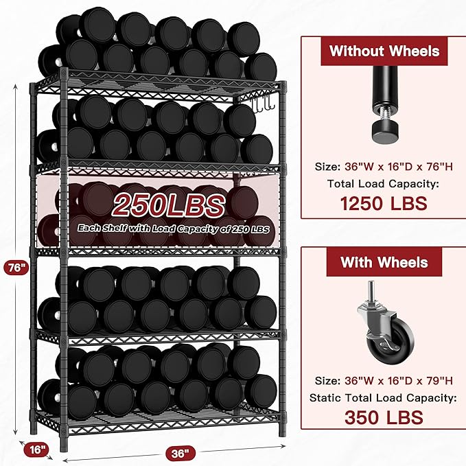 PrimeZone 36" W x 16" D x 79" H Wire Storage Shelves with Wheels, 5 Tier NSF Certified Heavy Duty Adjustable Kitchen Shelving Unit, Bakers Rack Organizer Rolling Metal Shelf for Garage Closet Pantry