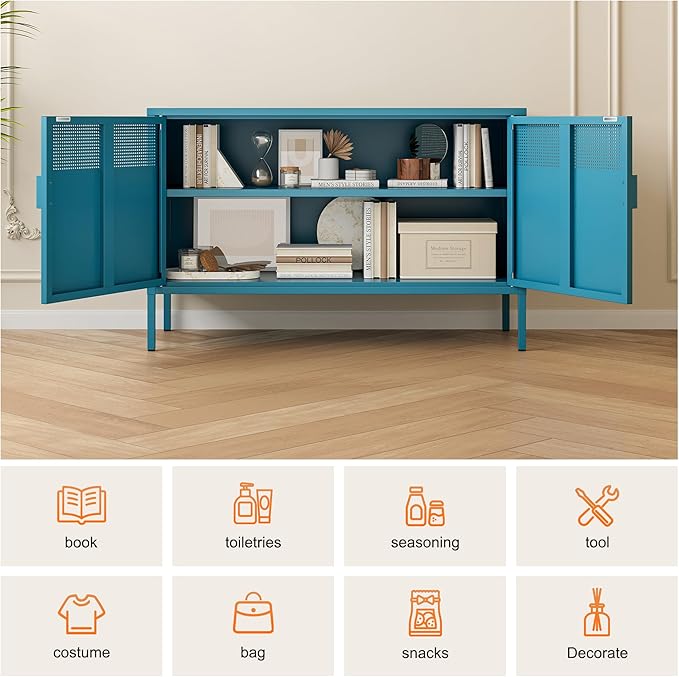 Ustamio Blue Metal Storage Cabinet with Doors and Shelf, 2 Door Locker Storage Cabinet for Home and Office, 2 Tier Low Metal Tv Stand Cabinet