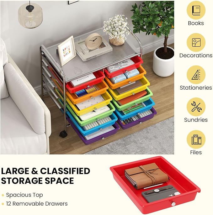 LDAILY 12 Drawer Rolling Storage Cart, Craft Cart Organizer on Wheels w/Metal Frame, Large Capacity & Smooth Drawer, Rolling Cart w/Drawers for Classroom, Office