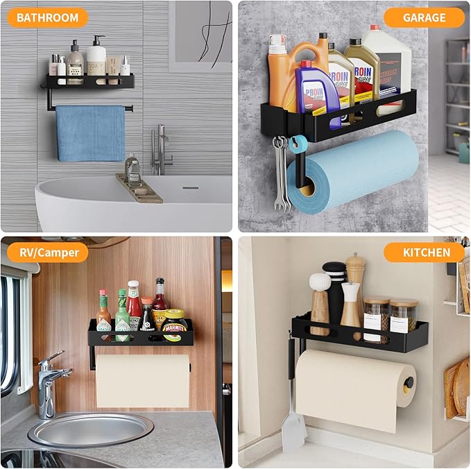 Paper Towel Holder Wall Mount for Kitchen, Paper Towel Holder with Shelf for Bathroom, RV Paper Towel Rack, Spice Rack with 2 Hooks,Matte Black