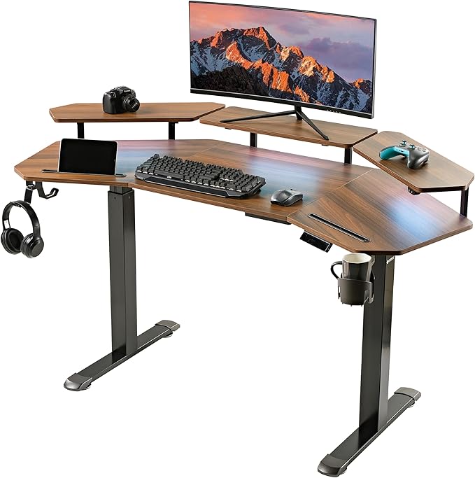 EUREKA ERGONOMIC Standing Gaming Desk with Dual Motor,63" Wing Shaped Computer Desk w Mouse Pad, Electric Adjustable Height Table w LED Monitor Stands,Slot Design,Walnut