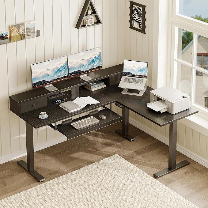 Casaottima 59" L Shaped Electric Standing Desk with Drawers, Black | Monitor Stand, Keyboard Tray, Fabric Drawer, Power Outlets, Height Adjustable Corner Stand Up Desk for Organized Home Office