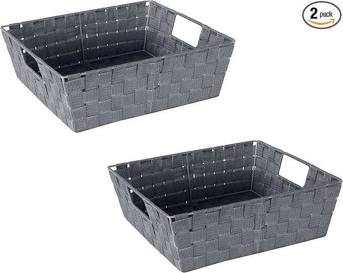 Simplify Large Shelf Woven Strap Tote | Decorative Storage Basket | Built in Handles | Organization | Closet | Bedroom | Bathroom | Nursery | Accessories | Toys | Gifts | 2 Pack | Grey