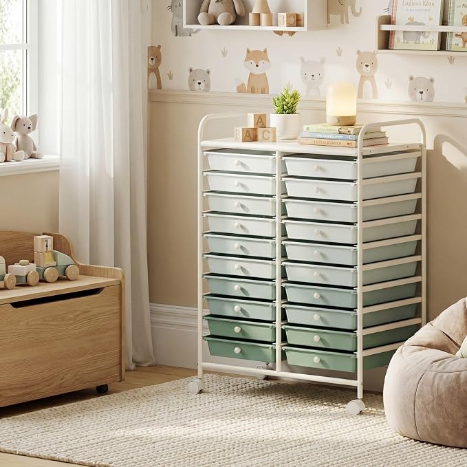 GOFLAME 20-Drawer Rolling Storage Cart, Art Craft Organizer Cart, Mobile Utility Storage Cart with Removable Drawers & Lockable Wheels, Craft Cart for Home Office School, Green Gradient