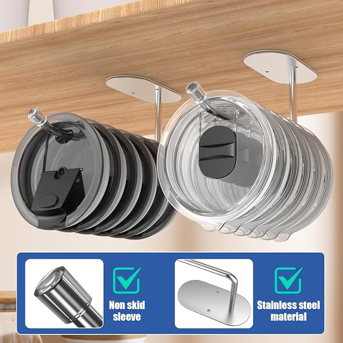 Tumbler Lid Organizer 2 Pack,Space Saving Cup Lid Hook for Simple Modern Cup Lids,Lid Storage Rack Used in Kitchen Storage Cabinet Inside Or Under (Silver)