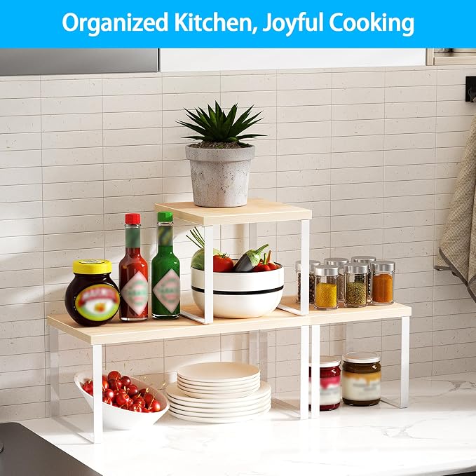 Golener Countertop Organizer Corner Shelf, 2 Tier Adjustable Stackable Corner Shelves for Kitchen, Bathroom, Spice Rack, Coffee Bar, Cabinet, Dresser Table, Corner Counter Shelf Stand, Natural Beige