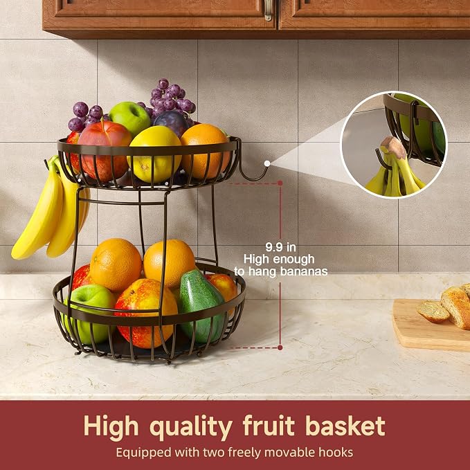 Sevenblue 2 Tier Fruit Basket for Kitchen Counter with 2 Banana Hangers, 2026 Pro Detachable Metal Fruit Bowl with Wooden Handle,Fruit Holder for Bread Snack Veggies, Brown Extra Large