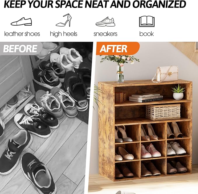 9-Cubby Shoe Rack, Wood Shoe Organizer Bench for Entryway Hallway Closet | Wood