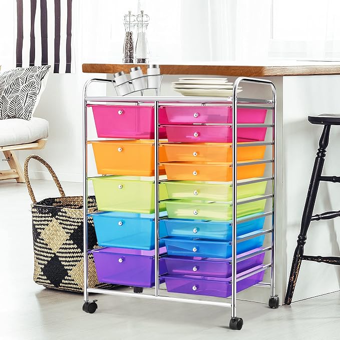 DREAMADE Rolling Cart with 15 Drawers, Utility Cart with Removable Storage Drawers, Lockable Wheels, Art Cart for Home Office Living Room Art Supplies Crafts (Rainbow, 25"L x 14.5"W x 34.5"H)