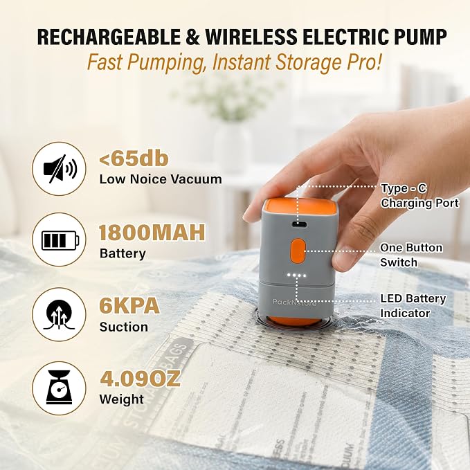 Vacuum Storage Space Saver Bags - 20 Pack Sealed Bags with Pump | Includes a rechargeable 25W pump with 4500Pa+ suction for quick vacuum sealing at home or on trips - airtight & waterproof