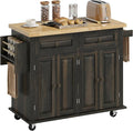 HOMCOM Kitchen Island Cart with Solid Wood Top, 44" Mobile Kitchen Island Table on Wheels with Storage Cabinets, 2 Drawers, Adjustable Shelves, Spice Rack & Towel Bar for Dining Room, Brown Oak