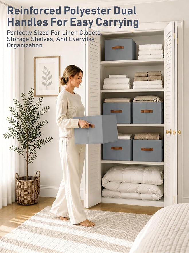 DIMJ Closet Storage Baskets Bins 4 Pack Large, Collapsible Fabric Closet Organizers and Storage with Polyester Handles, Decorative Baskets for Organizing Clothes, Towels, Linen Closet 14"x10"