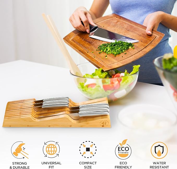 Bambüsi Knife Drawer Organizer - Bamboo Wood In-Drawer Knife Block Holder for Kitchen Drawer, 16 Slot Blade Down Knife Organizer Insert, Fits Chef & Steak Knives, Standard Drawer (Knives Not Included)