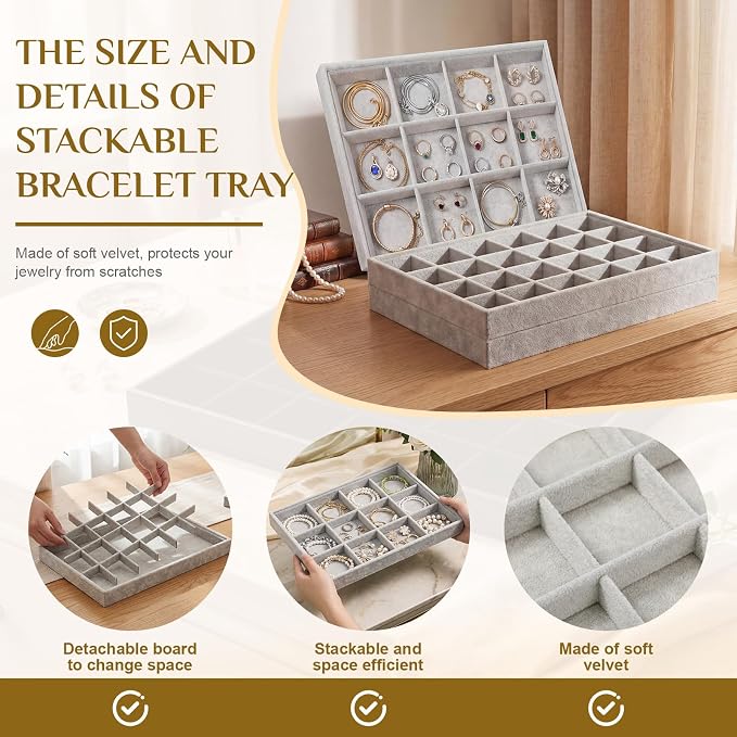 Unittype Set of 4 Stackable Jewelry Organizer Tray for Drawer Inserts Velvet Necklace Earring Bracelet Ring Holder Jewelry Display Storage Box for Bangle Stud Necklace Ring(24+12 Grid,Gray)