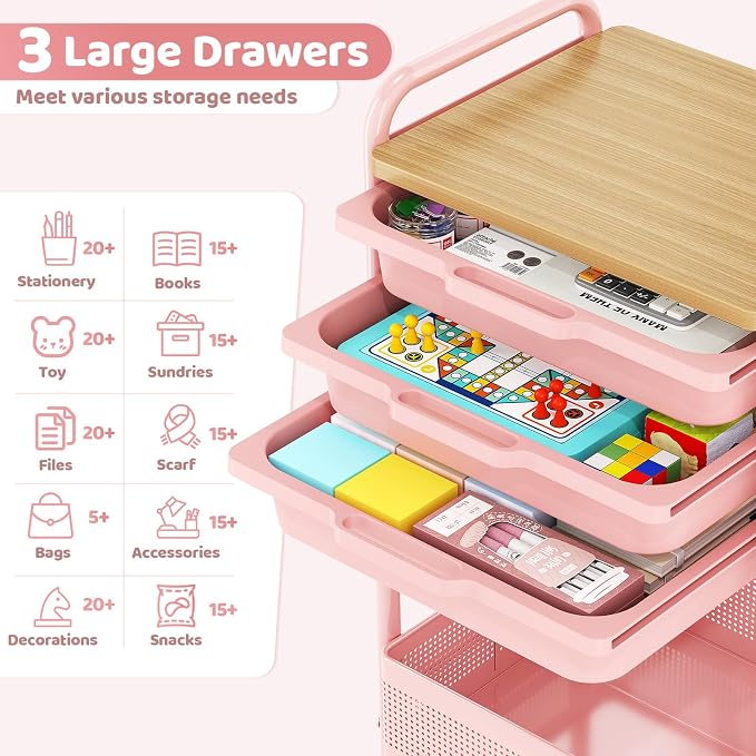 Metal Rolling Storage Cart with 3 Drawers - Utility Cart on Wheels with Pegboard & Wood Tabletop, Multifunctional Trolley Organizer with Hooks & Bin for Living Room,Bedroom,Craft Room,Office,Kids Room