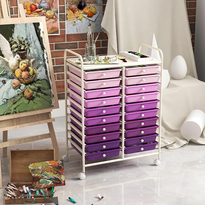 LDAILY 20-Drawer Rolling Storage Cart, Rolling Storage Cart, Storage Organizer on Wheels, Metal Frame, Scrapbook Paper Tools, Suitable for Office School, Classroom (Gradient Purple, 20 Drawer)