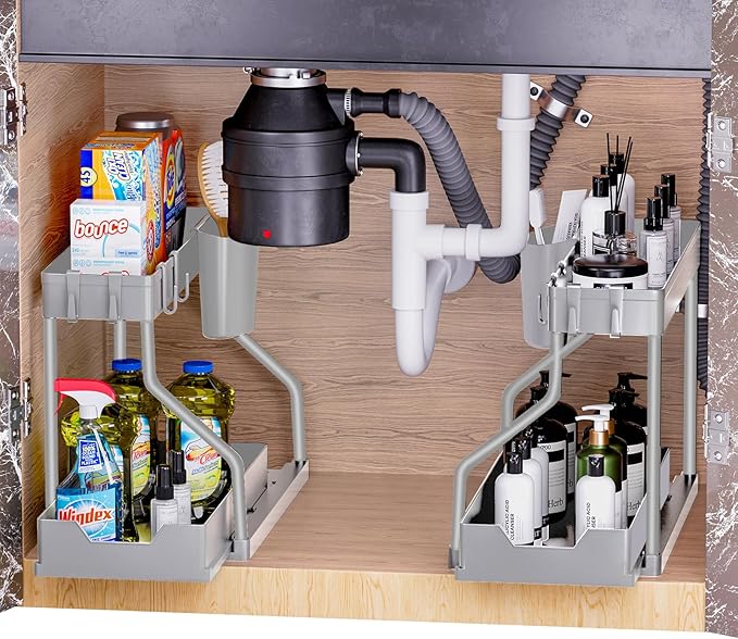 Puricon 2 Pack Under Sink Organizer, 2-Tier L-Shape Sliding Under Sink Organizers and Storage, Under Counter Storage Organizer Pull Out Under Sink Storage for Kitchen Bathroom -Grey