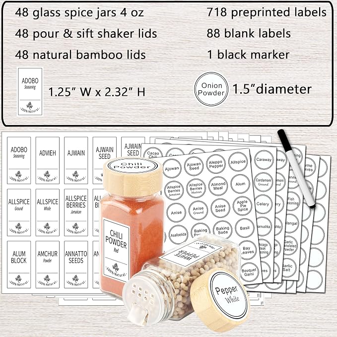 SWOMMOLY 48 Pcs Glass Spice Jars with Bamboo Lids, 4 oz Empty Spice Bottles | Square Spice Containers with 806 White Spice Labels, Airtight Cap, Pour/sift Shaker Lid, Chalk Marker and Funnel.