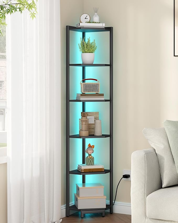Hzuaneri Corner Shelf with LED Light 6 Tier Corner Bookshelf Standing Shelf | Tall Narrow Display Bookcase with Metal Frame for Small Space, Living Room, Home Office, Bedroom, Black CS66606B