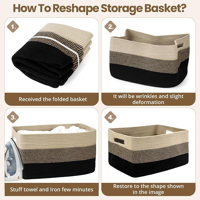 Optish 75L Large Blanket Basket, Woven Storage Baskets with Reinforced Handles, Rope Laundry Basket for Living Room, Bedroom, Nursery, Toys, Clothes, Pillows, 22” x 17” x 11.5”, Black & Brown