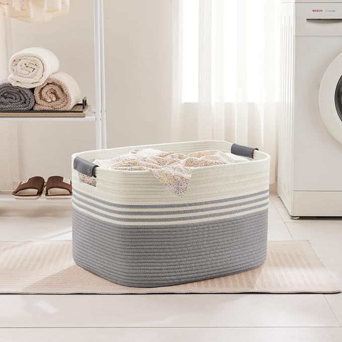 86L Large Woven Laundry Basket Hamper with Leather Handles,Grey | 24"x16"x14", collapsible wicker hamper, storage for dirty clothes, toys, blankets, gifts, living room, bedroom, bathroom