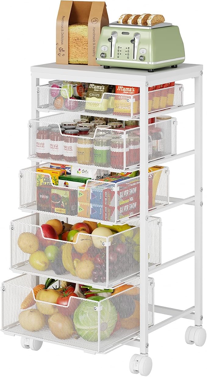 Kitchen Storage Cart with Wheels, 5-Tier Fruit Vegetable Storage Cart, Kitchen Organizer and Storage Cart with Drawers, Wooden Top Metal Wire Pantry Storage Cart for Fruit Snack Onion Potato, White