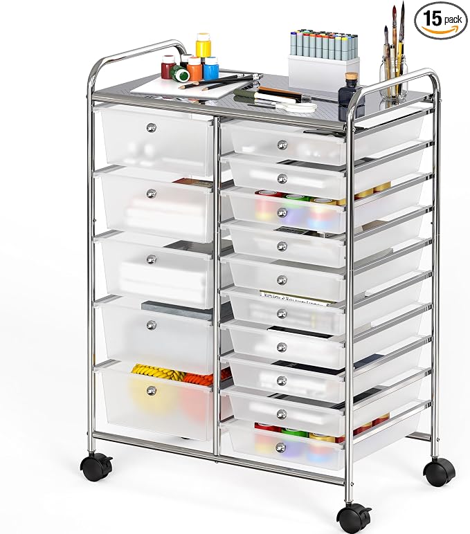 Simple Houseware 15 Drawers Rolling Utility Cart Art Craft Storage, Chrome | 2-Column, 35.8" Height, Lockable Wheels, for School, Office, Art Craft, and Paper Storage