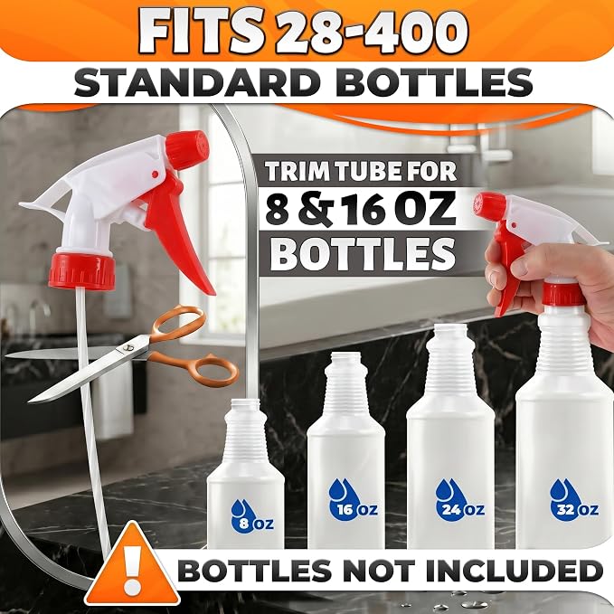 Spray Bottle Nozzle Replacement, 6 Pcs, 8-32oz Bottles (Multicolor) | Replacement Trigger Sprayer Heads for Bottles; Fits 28-400 Thread, Trim-to-Fit Tube; for Cleaning, Garden & Pet Carefor