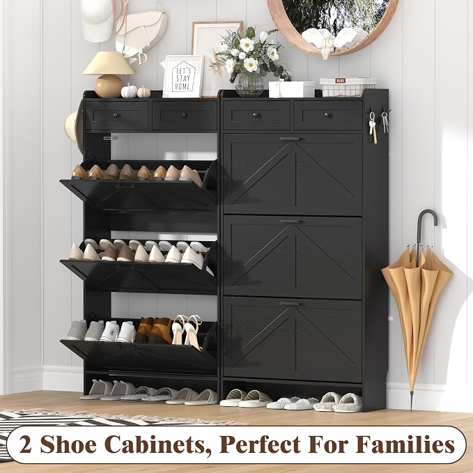 Thacuok Shoe Cabinet with 3 Flip Drawers & 2 Storage Drawers, Rustic Farmhouse Narrow Shoe Organizer Cabinet, Slim Shoe Rack Cabinet, Shoe Storage Cabinet for Entryway, Hallway, Front Door